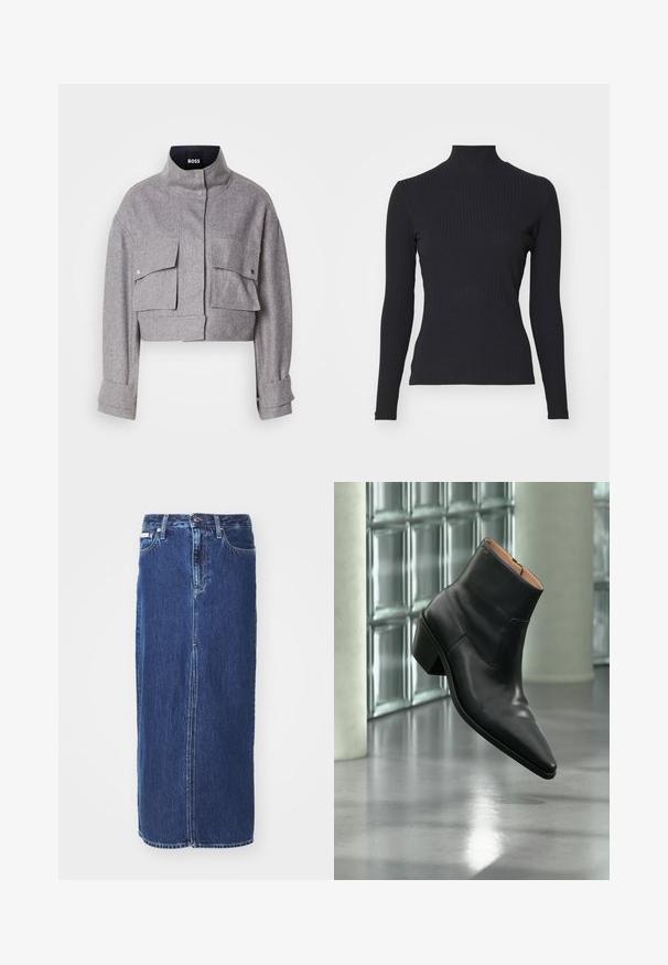 Grau verkürzte Jacke mit hohem Kragen, zwei vorderen Klappentaschen mit Druckknöpfen und langen Ärmeln mit Manschettendetails.; Schwarzes, geripptes Rollkragenoberteil mit langen Ärmeln. Aus dehnbarem Stoff mit figurbetonter Passform und hohem Kragen. Einfaches Design ohne Verzierungen.; Denimrock in Dunkelblau, knielang, mit einem vorderen Schlitz, traditionellem Bund und Fünf-Taschen-Design mit kontrastierenden Nähten.; Schwarzer Leder-Stiefelette mit spitzer Schuhspitze und Blockabsatz, der über einem reflektierenden grauen Boden nahe einer Glassteinwand schwebt.