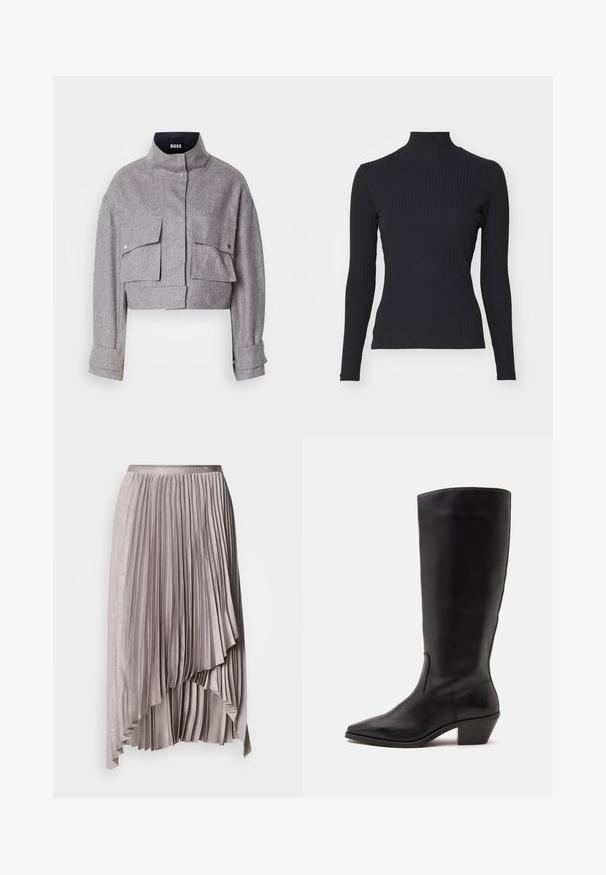 Chaqueta gris corta con cuello alto, dos bolsillos frontales con solapa y botón a presión, y mangas largas con detalles en los puños.; Top negro de cuello alto con costillas y mangas largas. Fabricado con una tela elástica con forma ajustada y cuello alto. Diseño simple sin adornos.; Falda plisada asimétrica color malva claro con cintura de satén y detalle de dobladillo en capas en cascada sobre fondo liso.; Bota de cuero negra hasta la mitad de la pantorrilla con puntera puntiaguda y tacón bajo inclinado sobre un fondo claro y liso.