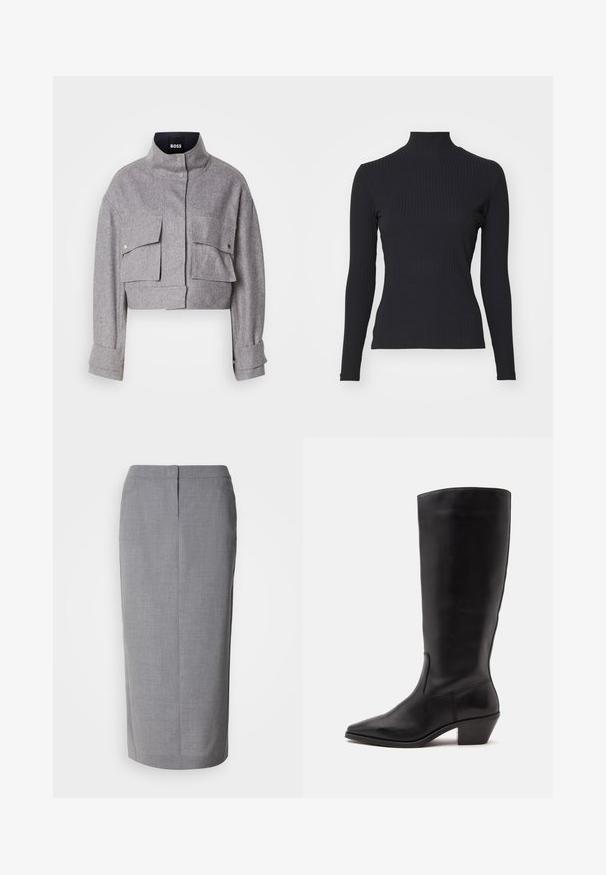 Grijze cropped jas met hoge kraag, twee voorflapzakken met drukknoopsluitingen en lange mouwen met manchetdetails.; Zwarte geribde coltrui met lange mouwen. Gemaakt van rekbare stof met een getailleerde pasvorm en hoge kraag. Eenvoudig ontwerp zonder versieringen.; Grijze kokerrok van gestructureerde stof, met een rechte snit, een split aan de achterkant en een verborgen ritsluiting aan de achterkant.; Zwarte leren laars tot half op de kuit met een puntige neus en een lage schuine hak op een effen lichte achtergrond.