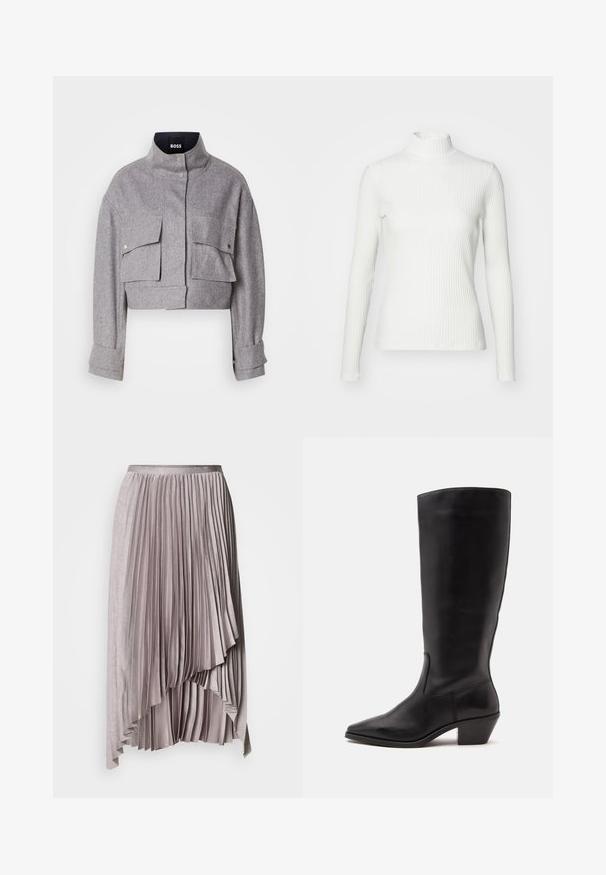 Veste grise courte avec col montant, deux poches avant à rabat avec boutons-pression, et manches longues avec détails de poignet.; Haut col roulé blanc à côtes avec des manches longues, fabriqué en tissu extensible. Présente un design ajusté et un encolure haute pour plus de couverture.; Jupe plissée asymétrique mauve clair avec ceinture en satin et ourlet en cascade superposé, sur fond uni.; Botte en cuir noire mi-mollet avec un bout pointu et un talon bas incliné sur un fond clair uni.