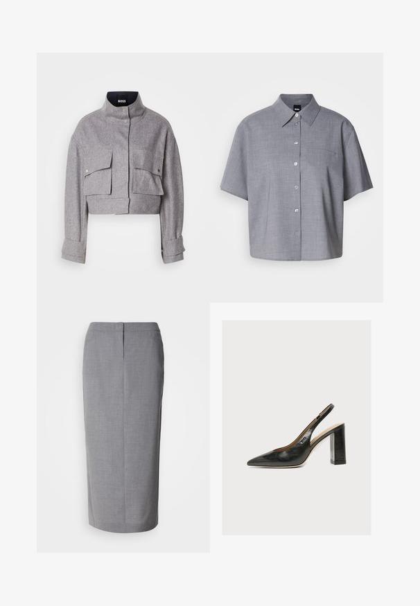 Chaqueta gris corta con cuello alto, dos bolsillos frontales con solapa y botón a presión, y mangas largas con detalles en los puños.; Camisa gris de manga corta fabricada en tejido ligero, con cuello, botones en la parte delantera, un bolsillo en el pecho y un corte relajado.; Falda lápiz gris hecha de una tela texturizada, con corte recto, abertura trasera y cierre de cremallera oculta en la parte posterior.; Zapato de mujer slingback de piel negra con puntera puntiaguda y tacón alto grueso de bloque sobre fondo blanco.