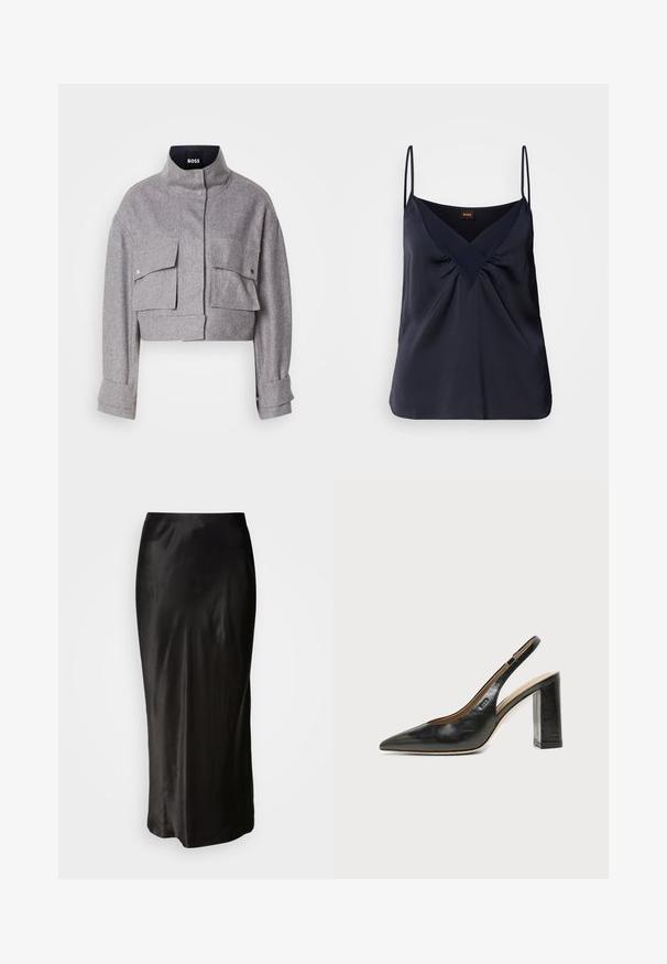 Grijze cropped jas met hoge kraag, twee voorflapzakken met drukknoopsluitingen en lange mouwen met manchetdetails.; Marineblauwe zijden camisole met dunne bandjes, V-hals en geplooide details bij de buste; een soepele textuur en een relaxte pasvorm.; Zwarte satijnen rok met een gladde textuur. Vloerlange uitvoering met een strakke taille en een lichte flare aan de zoom. Geen zichtbare patronen of hardware.; Zwarte leren slingback schoen met spits toelopend neusje, hoge blokhak en beige binnenvoering tegen een effen lichte achtergrond.