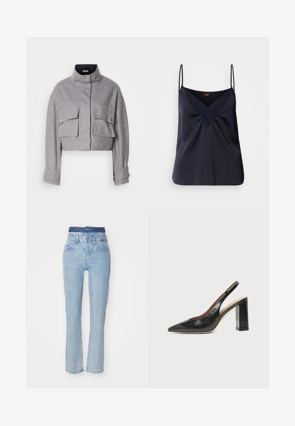 Grijze cropped jas met hoge kraag, twee voorflapzakken met drukknoopsluitingen en lange mouwen met manchetdetails.; Marineblauwe zijden camisole met dunne bandjes, V-hals en geplooide details bij de buste; een soepele textuur en een relaxte pasvorm.; Lichtblauwe spijkerbroek met een hoge taille, licht uitlopende pijpen en een gestreepte blauwe tailleband. Voorzien van zakken aan de voorkant en een knoopsluiting.; Zwarte leren slingback schoen met spits toelopend neusje, hoge blokhak en beige binnenvoering tegen een effen lichte achtergrond.