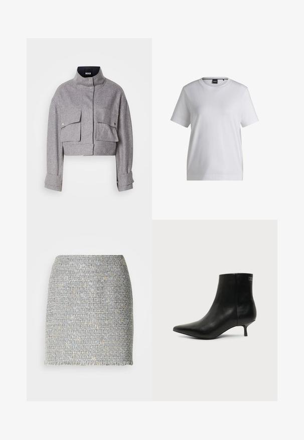 Veste grise courte avec col montant, deux poches avant à rabat avec boutons-pression, et manches longues avec détails de poignet.; T-shirt en coton blanc avec un col rond, des manches courtes et une coupe décontractée. Il présente une petite étiquette de marque près du col.; Mini-jupe en tweed tissé gris et beige avec une coupe droite et un ourlet frangé sur fond blanc uni.; Bottine en cuir noir avec bout pointu et petit talon kitten sur fond clair, vue côté extérieur.