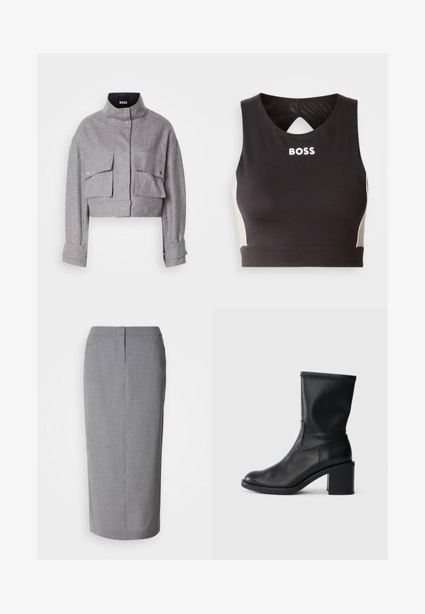 Chaqueta gris corta con cuello alto, dos bolsillos frontales con solapa y botón a presión, y mangas largas con detalles en los puños.; Top deportivo negro de corte crops con un respaldo en forma de ojal, que presenta la inscripción "BOSS" en blanco y acentos beige en los laterales. Fabricado con un tejido elástico y suave.; Falda lápiz gris hecha de una tela texturizada, con corte recto, abertura trasera y cierre de cremallera oculta en la parte posterior.; Botín negro de cuero hasta el tobillo con punta redonda, textura suave y tacón grueso, que presenta un eje ajustado y un sutil detalle de costura.