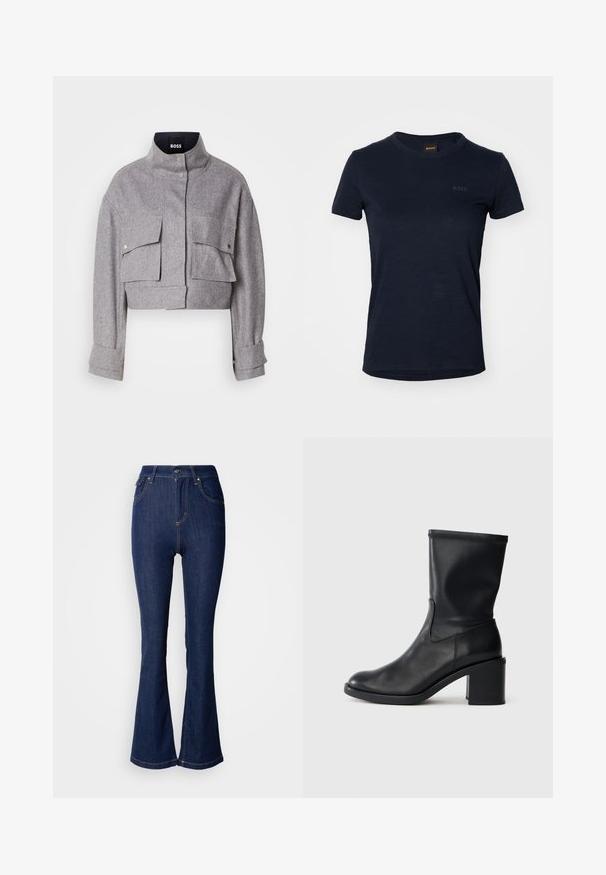 Grau verkürzte Jacke mit hohem Kragen, zwei vorderen Klappentaschen mit Druckknöpfen und langen Ärmeln mit Manschettendetails.; Navyblaue Kurzarm-T-Shirt aus weichem Material. Mit Rundhalsausschnitt und einem dezenten, auf der Vorderseite aufgedruckten Logo.; Dunkelblaue Schlagjeans aus Denim mit hoher Taille, mit Fronttaschen, kontrastierendem Nähen und Knopfverschluss.; Schwarze Leder-Ankle Boots mit runder Zehenform, glatter Oberfläche und dicker Absatz, ausgestattet mit einem eng anliegenden Schaft und subtilen Nähten.