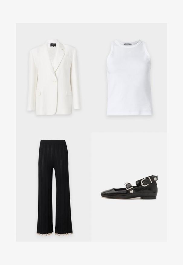 Blazer en lin blanc avec une coupe ajustée, revers crantés, fermeture à un bouton et deux poches avant. Texture lisse et design minimal.; Débardeur blanc à côtes avec un col rond, sans manches et un petit logo sur le devant. Texture lisse et silhouette cintrée.; Pantalon en maille noir à jambes larges avec côtes verticales et détails de charms dorés le long de l'ourlet sur un fond uni clair.; Ballerine en cuir verni noir avec un bout carré, sangle de cheville avec des détails en métal argenté et semelle plate. Texture lisse avec un design minimaliste.