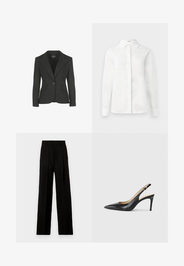 Blazer noir au design cintré, avec un col cranté et deux poches avant. Présente une fermeture à un bouton et une texture de tissu lisse.; Chemise blanche à manches longues en coton lisse, avec un col pointu, un plastron central à boutons et un ourlet droit avec des poignets boutonnés.; Pantalons larges noirs en tissu lisse, avec une taille haute, des plis avant et un design épuré et ajusté sans embellissements.; Escarpins en cuir noir avec une pointe fine, une bride ajustable et un talon aiguille élégant, présentant une finition lisse.
