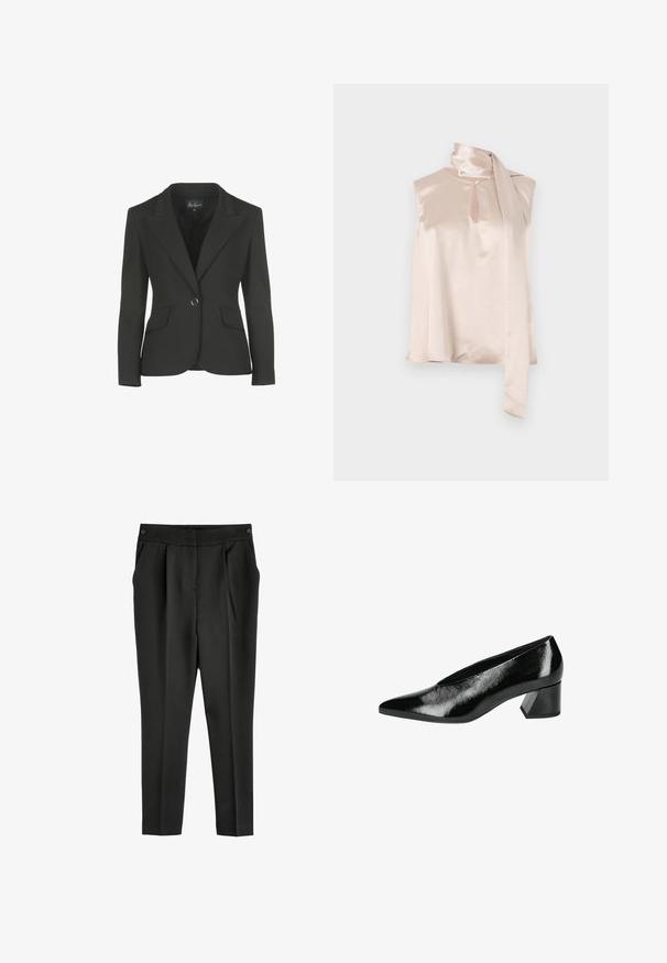 Sort blazer med en tætsiddende pasform, skrå kraver og to forlommer. Har en enkelt knaplukning og en glat stof næring.; Satin ærmeløs top i lys pink med en nøglehul-halsudskæring og en fastgjort draperet tørklæde-detail på skulderen. Glat tekstur, minimalistisk design.; Sorte skræddersyede bukser med en talje, frontfolder og sidelommer. Fremstillet af glat stof, med et lige ben-design og uden synlige mønstre.; Sort patentlæderpumpe med spids tå og geometrisk blokhæl. Blank overflade og glat tekstur. Elegant design med minimale accenter.