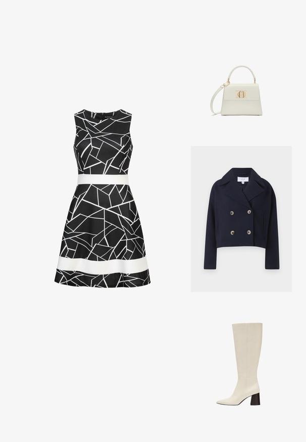 Marineblaue, taillierte, doppelte Jacke mit Kragen, ausgestattet mit zwei vorderen Taschen und Messingknöpfen, aus einem weichen Stoff gefertigt.; Schwarzes ärmelloses Kleid mit einem geometrischen weißen Muster und einem kontrastierenden weißen Gürtel in der Taille. Glattes Material und ausgestellter Rock.; Kniehoher Stiefel aus cremefarbenem Leder mit spitzer Schuhspitze und dunklem Blockabsatz auf weißem Hintergrund.; Kleine weiße Handtasche mit Tragegriff oben, abnehmbarem Schulterriemen und goldenem rechteckigem Verschluss auf der vorderen Klappe.