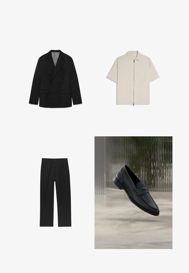 Blazer homme noir croisé avec revers à pointe, six boutons, deux poches à rabat et une poche poitrine passepoilée, présenté à plat sur fond blanc.; Chemise beige à manches courtes avec col et fermeture zippée intégrale à l'avant.; Pantalons noirs au design droit, fabriqués à partir d'un tissu lisse. Dotés de plis sur le devant et d'une fermeture à un bouton à la taille.; Mocassin en cuir noir à finition lisse, bout pointu et détails cousus sur le dessus. Talon bas et design minimaliste.