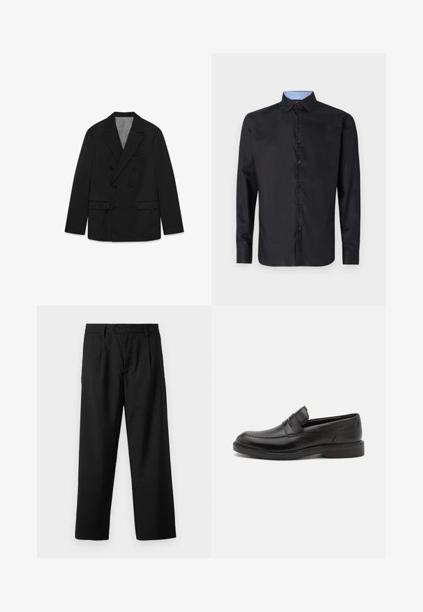 Blazer homme noir croisé avec revers à pointe, six boutons, deux poches à rabat et une poche poitrine passepoilée, présenté à plat sur fond blanc.; Chemise noire à manches longues en tissu lisse, avec un front boutonné, un col pointu et un col intérieur à carreaux bleu clair.; Pantalons noirs à coupe droite, avec une fermeture à un bouton, deux poches avant et une texture de tissu lisse et léger.; Mocassins en cuir noir avec un détail de couture à l'avant, deux sangles horizontales sur le dessus, et un talon en bois. Texture lisse et forme arrondie.