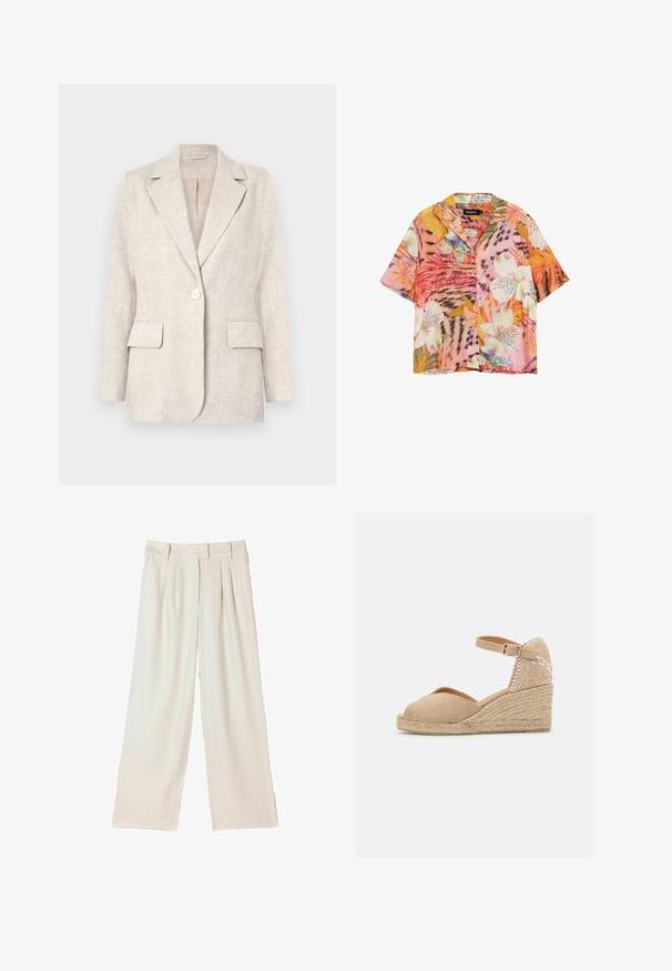 Lys beige linned blazer med notched krave, enkelt knappelukning og to forlommer. Glat tekstur med en skræddersyet pasform.; Kortærmet skjorte med knapper, prydet med livlige tropiske blomster- og bladmønstre i toner af pink, orange, hvid og grøn.; Bukser med vide ben i lysebeige stof, med dobbelte læg foran og en lige pasform, med en glat tekstur og uden synlige metaldele.; Castañer BIANCA - Espadrilles - sand
