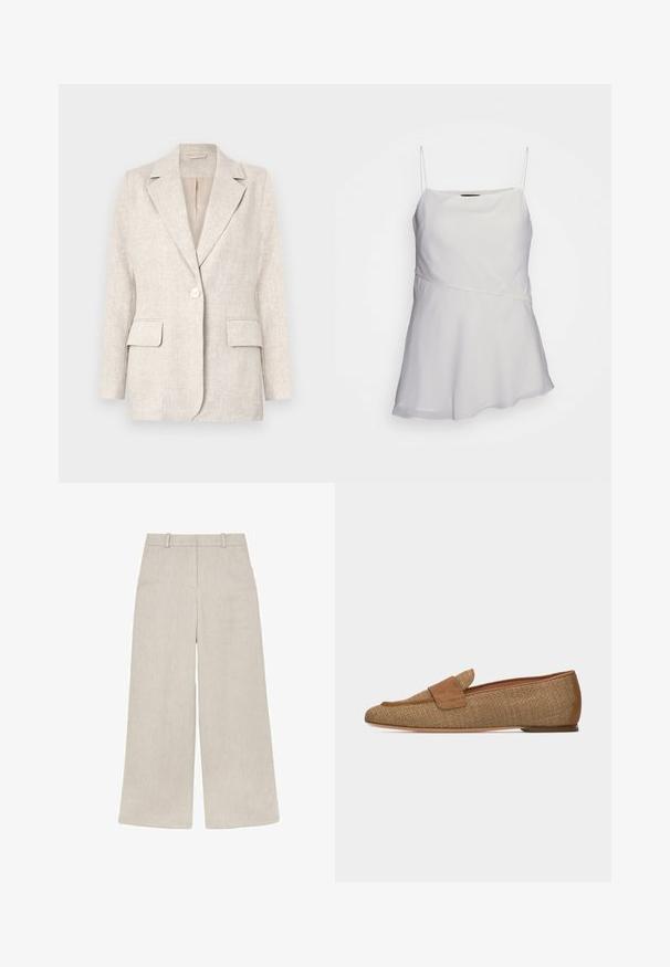 Lys beige linned blazer med notched krave, enkelt knappelukning og to forlommer. Glat tekstur med en skræddersyet pasform.; Hvid, ærmeløs top med tynde stropper, en afslappet pasform og et asymmetrisk design. Fremstillet af et glat, let stof.; Beige bukser med vide ben, bæltestropper, høj talje og et subtilt tekstureret stof, vist lagt fladt mod en hvid baggrund.; Tanfarvede vævede loafers med ruskindsrem og kant, flad sål, vist i profil på hvid baggrund.