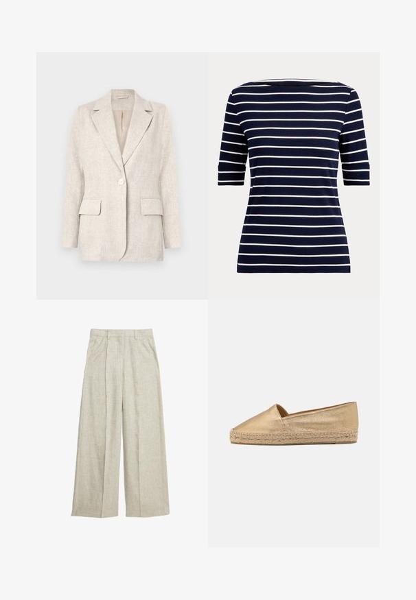 Lys beige linned blazer med notched krave, enkelt knappelukning og to forlommer. Glat tekstur med en skræddersyet pasform.; Marineblå skjorte med hvide vandrette striber og albuelange ærmer, vist på en ensfarvet lys baggrund.; Beige linnen brede bukser med plisseret front, der har høj talje og rene linjer, perfekt til åndbar komfort.; Gul læder espadrille med rund tå, der har en jute sål og vævede detaljer langs kanten. Glat tekstur og minimalistisk design.