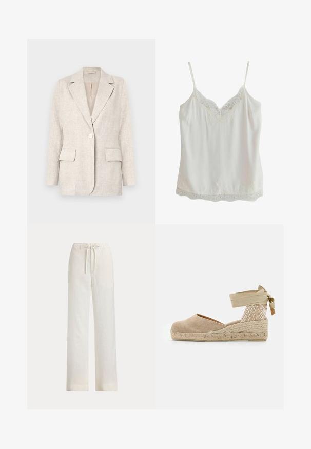 Lys beige linned blazer med notched krave, enkelt knappelukning og to forlommer. Glat tekstur med en skræddersyet pasform.; Hvid ærmeløs camisole med tynde stropper og blondekant på udskæringen og kanten, lavet af glat stof.; Løse hvide bukser med elastisk talje og snøre, vist mod en ensfarvet baggrund.; Beige espadrille med en overdækning af lærred, tekstureret vævet hæl og flettet jutesål; har en bundet ankelrem for en sikker pasform.