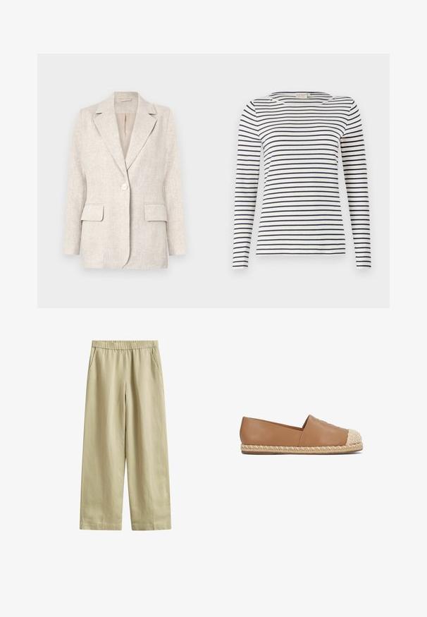 Lys beige linned blazer med notched krave, enkelt knappelukning og to forlommer. Glat tekstur med en skræddersyet pasform.; Langærmet stribet skjorte lavet af blødt stof, med marineblå og hvide vandrette striber, rund halsudskæring og en slim-fit design.; Beige bukser med vidde i benene, elastisk talje og sidelommer, lavet af letvægtstof.; Sko i tanfarvet læder med elastisk pasform, flettet jutesål og flettet tåkap. Glat tekstur med afrundet form og minimalistiske design detaljer.