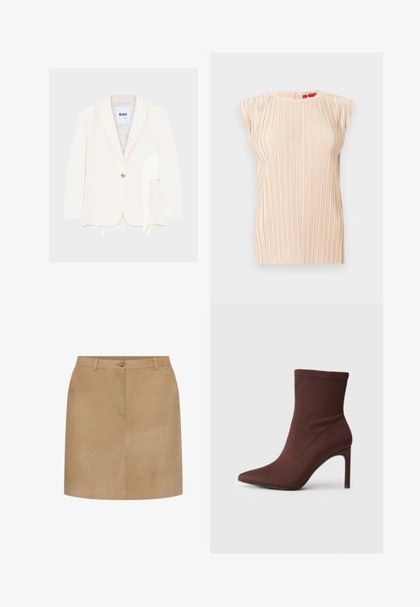 Kremfarvet enkeltknaps blazer med revers og hvide frynser langs højre side nær kanten.; Ærmeløs beige plisseret bluse med rund halsudskæring og subtil vertical struktur, vist på hvid baggrund.; Beige ruskind mini nederdel med bæltestropper, en frontknaplukning og et enkelt, glat design.; Brun strækstof ankelstøvle med spids tå og 10 cm stilethæl. Sømdetaljer langs siderne, glat tekstur og ingen synlige lukninger.
