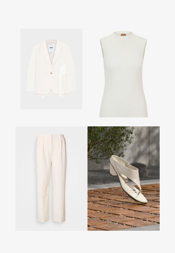 Kremfarvet enkeltknaps blazer med revers og hvide frynser langs højre side nær kanten.; Hvid, ærmeløs top med høj halsudskæring, der har en ribbet tekstur og et tætsiddende design. Brandlabel "BOSS" synlig på kraven.; Lacoste Bukser - lapland; Hvid læderhæl sandal med bred rem og tåpost, vist udendørs på en overflade med træ og grusfliser med grønt i baggrunden.
