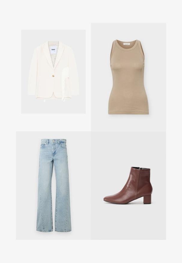 Roomkleurige single-button blazer met ingesneden revers en witte franjes langs de rechterkant vlakbij de zoom.; Beige dames tanktop zonder mouwen, nauwsluitend, met ronde hals en een Marc O'Polo label aan de binnenkant van de achterkraag.; Lichtblauwe wijde jeans van denim, met een knoopsluiting, voorkruiken en vervaagde delen voor textuur en detail.; Bruine leren enkellaars met een puntige neus en blokhak. Heeft een gladde textuur en een subtiele rits voor sluiting.