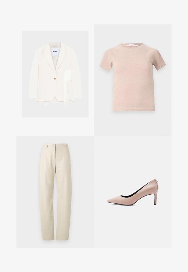 Roomkleurige single-button blazer met ingesneden revers en witte franjes langs de rechterkant vlakbij de zoom.; Lichtroze t-shirt met korte mouwen van ribstof, met een ronde halslijn en een comfortabele pasvorm. Eenvoudig en naadloos ontwerp.; Beige rechte broek met knoop- en ritsluiting, lussen voor een riem en zijzakken op een effen witte achtergrond.; Beige pump met spitse neus en een slanke naaldhak op een effen witte achtergrond.