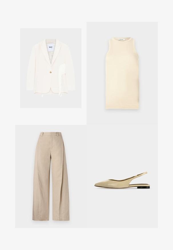 Kremfarvet enkeltknaps blazer med revers og hvide frynser langs højre side nær kanten.; Lys beige ærmeløs top lavet af ribbet stof, med en rund halsudskæring og tætsiddende design. Glat tekstur med minimale sømme.; Beige linnedragt med vidde og høj talje, der har en glat tekstur og rene linjer, designet til en afslappet pasform.; Beige spids tå slingback flad sko med lav sort hæl og en glat læderfinish, vist fra siden på en ensfarvet baggrund.