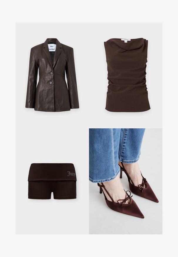 Blazer en cuir marron foncé ajusté à deux boutons, col à revers cranté, avec étiquette "Won Hundred" visible à l'intérieur du col.; Haut marron sans manches à fronces avec encolure drapée et étiquette Topshop au niveau du col arrière, présenté sur un fond blanc.; Shorts marron foncé à taille rabattue avec "Juicy" écrit en strass sur le côté droit sur un fond blanc uni.; Simmi London KLARA - Escarpins à talons hauts - chocolate