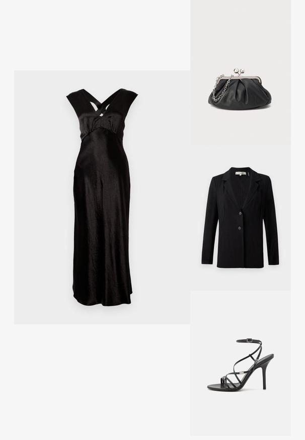 Schwarze Blazer mit Reverskragen, zwei vorderen Knöpfen und tailierten Nähten. Aus glattem Stoff mit langen Ärmeln und einer strukturierten Passform gefertigt.; Schwarzes Satinkleid mit bodenlangem Design, ausgestattet mit einem überkreuzten V-Ausschnitt und breiten Trägern. Glatte Textur und minimale Details.; Schwarze High-Heel-Sandale mit dünnen Riemen, einem Knöchelverschluss, einer glatten Lederoberfläche und einem schlanken Stiletto-Absatz.; Schwarze Leder-Clutch mit geraffter Textur, silberfarbener Metallrahmen, Druckverschluss und Kettenriemen. Glatte, weiche Oberfläche.