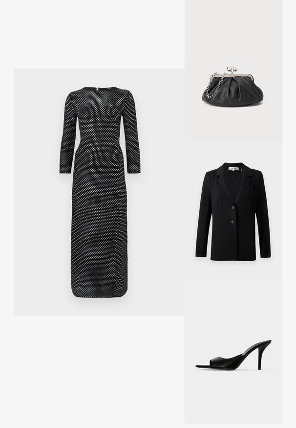Blazer noir avec un col cranté, deux boutons à l'avant et des coutures ajustées. Fabriqué en tissu lisse avec des manches longues et une coupe structurée.; Robe longue noire à manches longues avec un col rond, ornée d'un motif à pois blancs sur l'ensemble et d'une fermeture éclair dissimulée dans le dos.; Mule à talon haut en cuir noir à bout ouvert avec un talon stiletto fin, vue de profil sur un fond uni.; Porte-monnaie en cuir noir avec texture froncée, cadre en métal argenté, fermeture à verrouillage kiss-lock et bandoulière en chaîne. Surface lisse et douce.