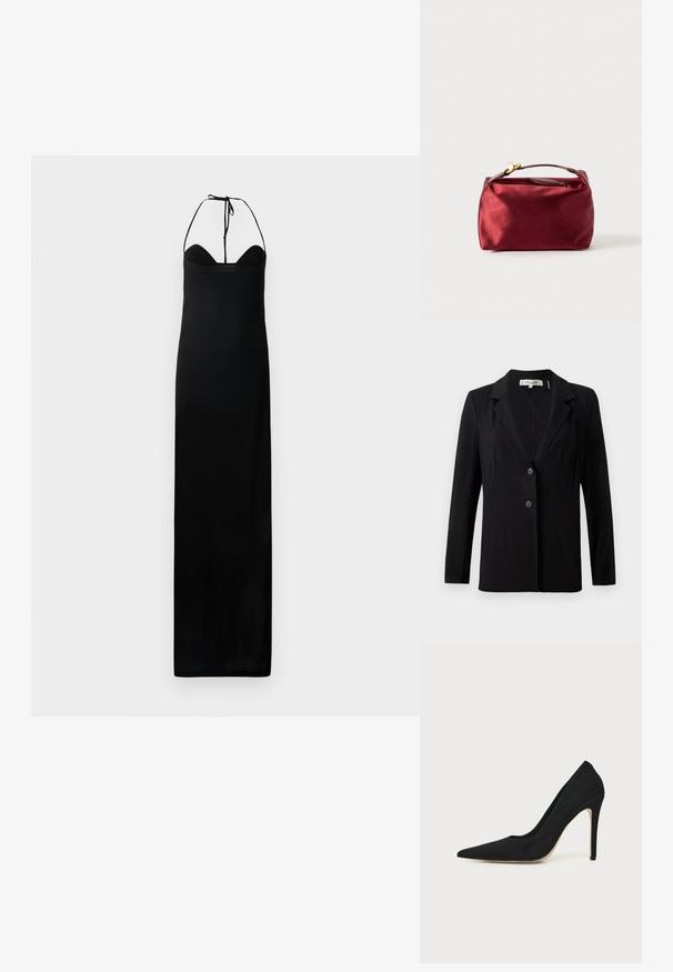 Zwarte blazer met een notch-kraag, twee knopen aan de voorkant en getailleerde naden. Gemaakt van een gladde stof met lange mouwen en een gestructureerde pasvorm.; Zwart maxi-jurk met een getailleerde top, halternekstrik en een gladde, strakke textuur. Beschikt over een rechte silhouet zonder versieringen.; Zwarte hoge hakken stiletto pump met spitse neus en een gladde structuur, zijaanzicht op een effen lichte achtergrond.; Bordeaux satijnen cosmetica tas met een rechthoekige vorm, ritssluiting en een kort handvat. Beschikt over een minimalistisch ontwerp en een gladde textuur.