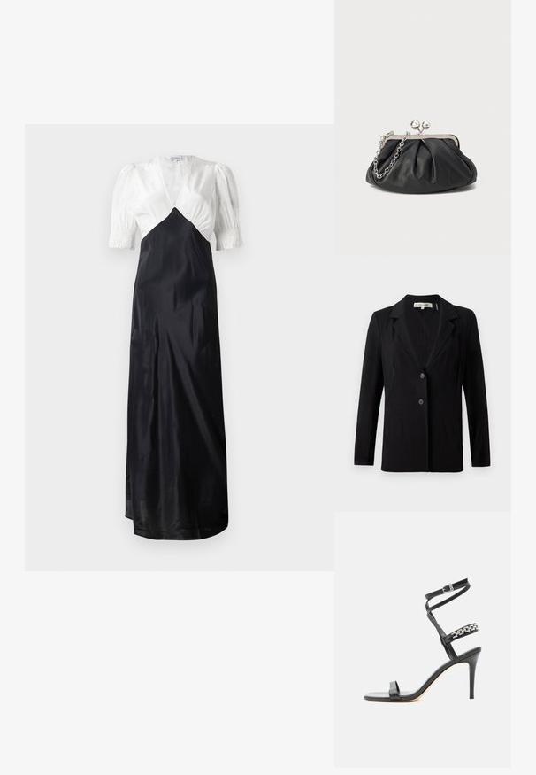 Zwarte blazer met een notch-kraag, twee knopen aan de voorkant en getailleerde naden. Gemaakt van een gladde stof met lange mouwen en een gestructureerde pasvorm.; Lang kleed met een witte satijnen lijfje en een zwarte satijnen rok, met pofmouwen en een diepe V-hals. Gladde textuur, elegante uitstraling.; Zwarte sandaal met hoge hak, smalle enkelband, middenvoetband versierd met zilveren schakels en een open teenontwerp.; Zwarte leren clutch met geplooide textuur, zilverkleurig metalen frame, drukknopsluiting en kettingriem. Glad, zacht oppervlak.