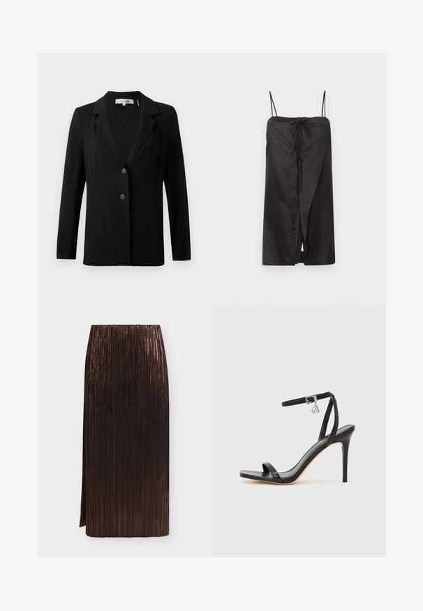 Sort blazer med slagkrave, to forreste knapper og skræddersyede sømme. Lavet af glat stof med lange ærmer og en struktureret pasform.; Sort satin midi-kjole med tynde spaghettistropper og en bindedetalje foran, der skaber en subtil slids, vist på en ensfarvet lys baggrund.; Mørkebrun metallisk plisseret midi-nederdel med høj talje og sideslids på en ensartet lys baggrund.; Sort hæl-sandal med smal ankrem, firkantet tå-boks, glat lædermateriale og metalspænde som pynt.