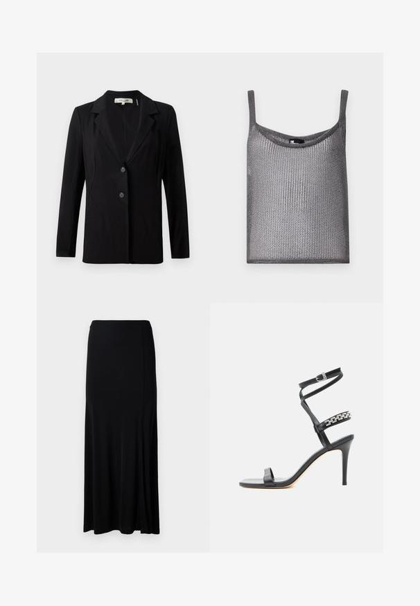 Blazer noir avec un col cranté, deux boutons à l'avant et des coutures ajustées. Fabriqué en tissu lisse avec des manches longues et une coupe structurée.; Débardeur gris sans manches en tissu tricoté doux et texturé, avec une coupe ample et un col arrondi. Il présente de fines bretelles.; Jupe maxi noire en tissu lisse, dotée d'une fente latérale, d'une taille élastique et d'une coupe droite pour un design minimaliste.; Sandale noire à talon haut avec fine bride à la cheville, bride médiane décorée de maillons de chaîne argentés, et design à bout ouvert.