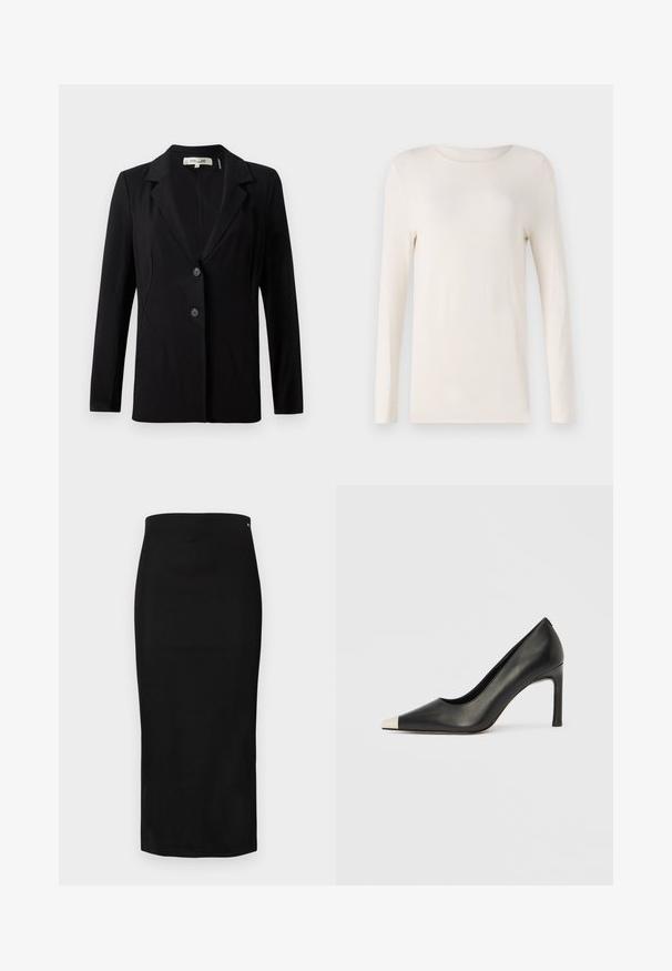 Sort blazer med slagkrave, to forreste knapper og skræddersyede sømme. Lavet af glat stof med lange ærmer og en struktureret pasform.; Langermet skjorte i off-white, lavet af blødt materiale, med rund halsudskæring og et enkelt, tætsiddende design. Glat tekstur, ingen mønstre.; Sort pencilnederdel lavet af glat stof, med en tætsiddende silhuet, knælængde og et lille brandlogo nær taljen.; Sort læder højhælet sko med spids tå og metal-sølv hætte. Har en glat finish og en slank hæl på 10 cm.