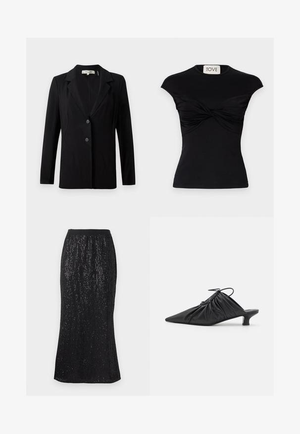 Blazer noir avec un col cranté, deux boutons à l'avant et des coutures ajustées. Fabriqué en tissu lisse avec des manches longues et une coupe structurée.; Haut noir à manches courtes avec un détail de devant torsadé et une silhouette ajustée. Fabriqué en tissu extensible et lisse. Étiquette : TOVE.; Jupe noire avec une taille ajustée, ornée de sequins verticaux pour un effet texturé. L'ourlet est légèrement courbé, créant une silhouette élancée.; Mules noirs en cuir à enfiler avec un bout pointu, une texture froncée et un petit talon aiguille. Présente un détail à cordon au niveau de l'ouverture.