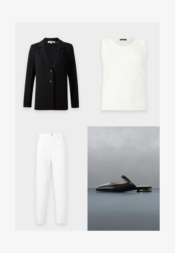 Sort blazer med slagkrave, to forreste knapper og skræddersyede sømme. Lavet af glat stof med lange ærmer og en struktureret pasform.; Hvid ærmeløs tanktop med rund hals og sort mærke ved kraven, vist på en ensfarvet lys baggrund.; Hvide, højtaljede, slanke jeans med fem lommer og knaplukning, vist mod en ensfarvet baggrund.; Sort laklæderslingback-sko med firkantet tå, en tynd ankelrem og en gulddetalje på hælen, vist over træfliser.