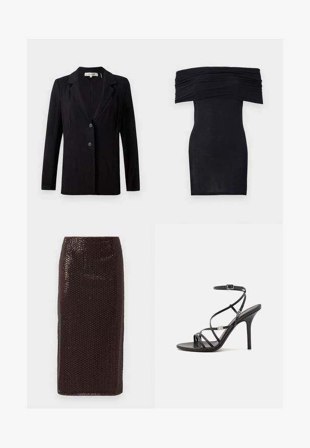 Zwarte blazer met een notch-kraag, twee knopen aan de voorkant en getailleerde naden. Gemaakt van een gladde stof met lange mouwen en een gestructureerde pasvorm.; Zwarte off-shoulder jurk met gerimpelde details bij de buste, bodycon pasvorm en een gladde, lichtgewicht stoftextuur.; Donkerbruine pailletten penrok met een hoge taille en een subtiel ruitpatroon, weergegeven tegen een effen witte achtergrond.; Zwarte hoge hakken sandaal met dunne banden, een enkelgesp, een gladleren oppervlak en een slanke stilettohak.