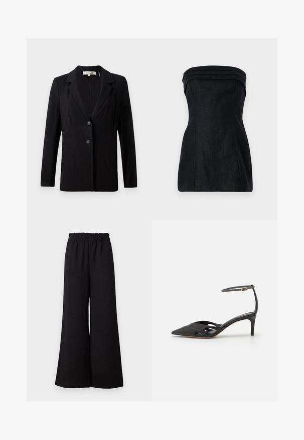 Sort blazer med slagkrave, to forreste knapper og skræddersyede sømme. Lavet af glat stof med lange ærmer og en struktureret pasform.; Sort strapless top med en struktureret pasform, der har lagdelte detaljer ved halsudskæringen og en glat overflade. Lige silhuet med sømdetaljer.; Sorte vidde bukser med elastisk talje, lavet af tekstureret stof, med en loose fit og lige kanter.; Sort læder højhælet sko med spids tå, åbne sider og en tynd ankelrem med en lille guld detalje.