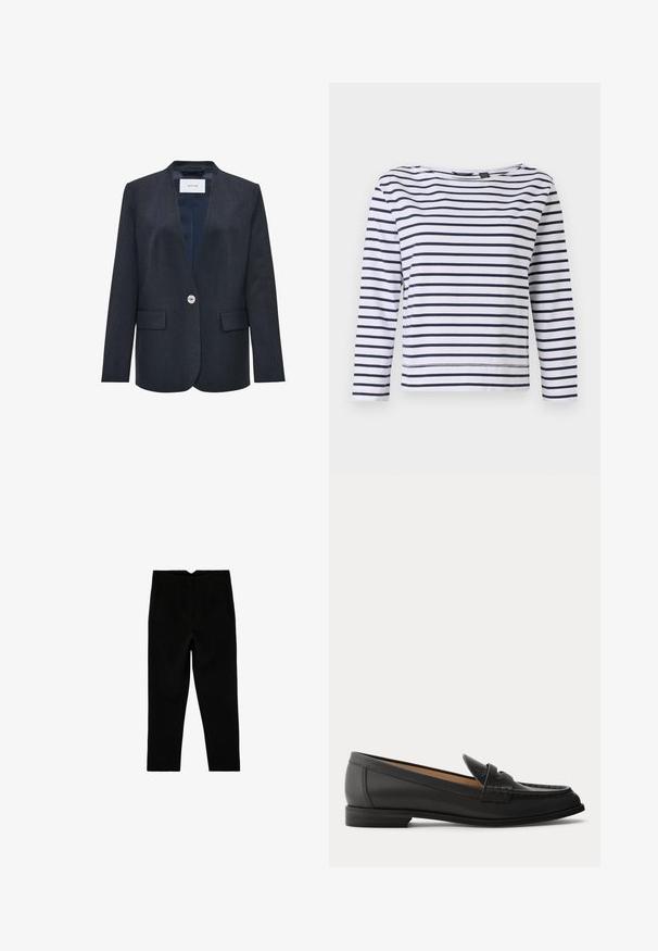 Donkerblauwe blazer met een geknopt kraag, sluiting met één enkele knop aan de voorkant, twee voorzakken en een gladde textuur. Minimalistisch ontwerp.; Gestreepte lange mouwen top in wit en marineblauw, met een bootnek en een ontspannen pasvorm. Gemaakt van zacht katoen met gestikte zomen.; Zwarte op maat gemaakte broek tot aan de enkel met zijzakken en een licht taps toelopende pijp, plat liggend op een witte achtergrond.; Zwarte leren damesslof met lage hak, afgeronde neus en gestikte details op het bovenwerk, van opzij getoond tegen een effen achtergrond.