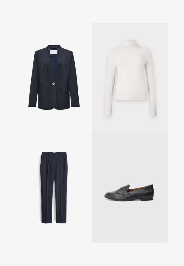 Donkerblauwe blazer met een geknopt kraag, sluiting met één enkele knop aan de voorkant, twee voorzakken en een gladde textuur. Minimalistisch ontwerp.; Romige ribbelige langemouw turtleneck top met een getailleerde silhouet tegen een effen witte achtergrond.; Navyblauwe op maat gemaakte broek van een textuurstof, met een vlakke voorkant, zijzakken en opgerolde boorden voor een nette afwerking.; Zwarte leren loafer met een afgeronde neus, subtiele stiksel details en een platte hak. Soepele textuur met een eenvoudig silhouet.