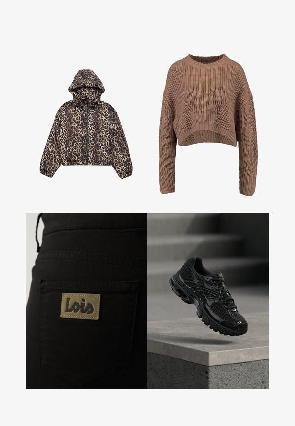 Veste crop en imprimé léopard dans des nuances de marron et de beige, dotée d'une capuche, d'une fermeture zippée et de poignets et d'un ourlet élastiques.; Pull en laine marron, cropped, avec une texture côtelée, des manches larges et un col rond. Matière douce et épaisse avec une coupe décontractée.; Pantalons en tissu noir dotés d'une poche arrière avec une étiquette beige embossée du mot "Lois" en lettres foncées. Détails de couture visibles.; Chaussure de course noire Nike avec tige en mesh et synthétique flottant au-dessus d'une surface en béton avec des marches en arrière-plan.