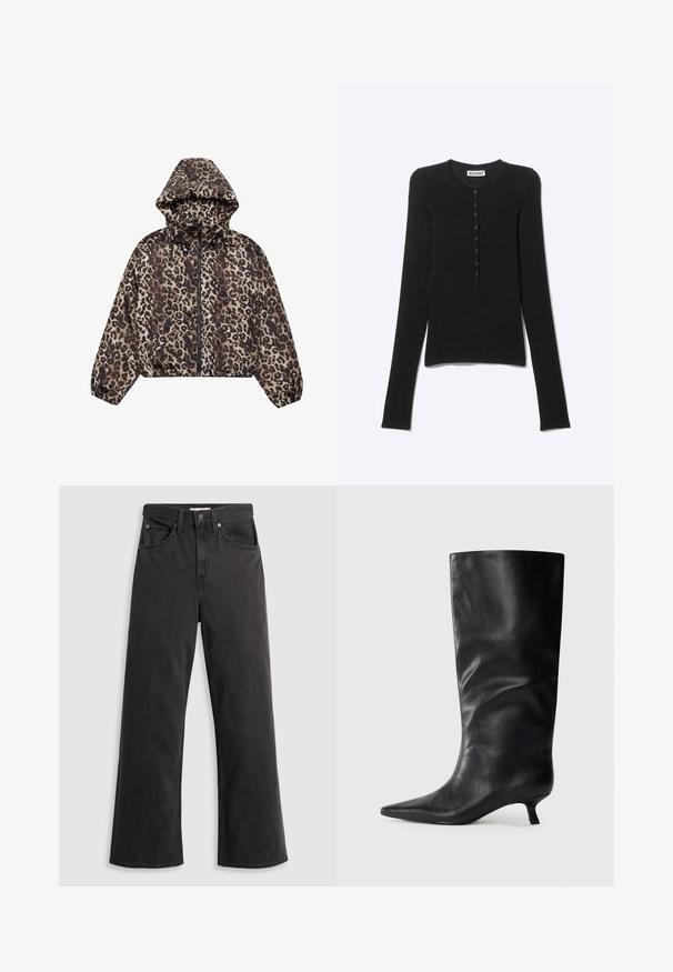 Veste crop en imprimé léopard dans des nuances de marron et de beige, dotée d'une capuche, d'une fermeture zippée et de poignets et d'un ourlet élastiques.; T-shirt henley noir ajusté à manches longues avec encolure ronde et une rangée verticale de petits boutons au centre devant.; Jeans larges en denim noir à taille haute, avec cinq poches et une fermeture à bouton en métal. Le tissu a une texture lisse et légèrement décolorée.; Bottes en cuir noires jusqu'aux genoux avec un bout pointu et un petit talon, présentées sur un fond clair.