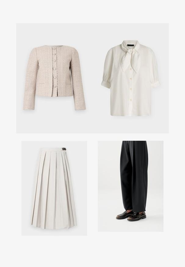 Beige Tweed-Blazer mit rundem Ausschnitt, vorderer Knopfverschluss und langen Ärmeln. Verfügt über ein strukturiertes Muster und einen subtilen Glanz.; Weiße kurzärmelige Bluse mit Puffärmeln, Knopfleiste vorne und einer Stoffschleife am Kragen auf einfarbigem Hintergrund.; Langer weißer plissierter Rock mit seitlichem Schnallenverschluss, flach vor weißem Hintergrund dargestellt.; Schwarze Loafers mit glänzendem Lederfinish, versehen mit einem dekorativen Riemen über dem Spann, kombiniert mit locker sitzenden schwarzen Hosen.