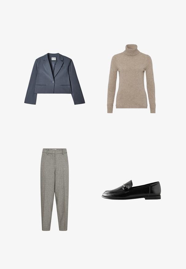 Skåret grå blazer lavet af glat stof, der har to forlommer, en enkelt knaplukning og en notched revers. Foring synlig indvendigt.; FTC Cashmere Striktrøje - hazelwood; Grå mønstrede bukser med en tapered ben, flad front, bæltestropper og en glat tekstur. Ingen synlige lommer eller hardwaredetaljer.; Sort herresko i læder med sølvspænde på toppen og lav hæl, vist i profil på en hvid baggrund.
