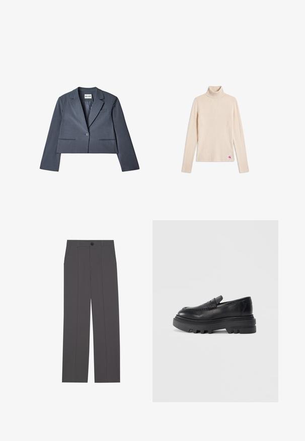 Skåret grå blazer lavet af glat stof, der har to forlommer, en enkelt knaplukning og en notched revers. Foring synlig indvendigt.; Beige ribstrikket langærmet turtleneck sweater med et lille logopatch nær den nederste kant på en hvid baggrund.; Grå bukser med lige ben design, der har to side lommer og en knaplukning. Glat stof uden synlige mønstre eller detaljer.; Sorte læder loafers med en kraftig sort sål og tekstureret stropdetalje. Den glatte overflade og den afrundede form forstærker dens moderne design.
