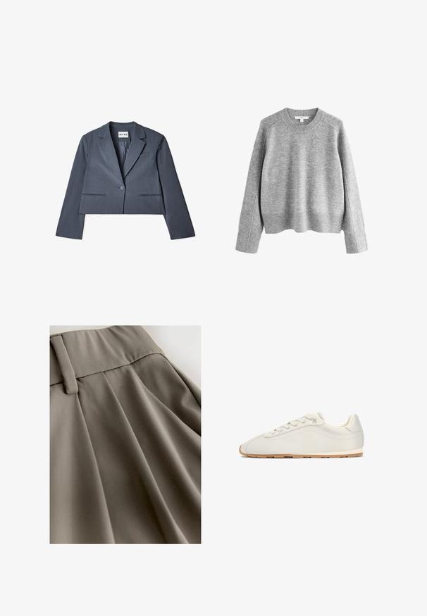Skåret grå blazer lavet af glat stof, der har to forlommer, en enkelt knaplukning og en notched revers. Foring synlig indvendigt.; Grå sweater lavet af strikket stof, med rund hals, ribbede manchetter og kant, i en afslappet pasform og let cropped design.; Grå plisseret nederdel med en glat, blød tekstur og en bred taljebånd med en spænde-detalje. Stoffet falder blødt og skaber elegante folder.; Beige lavtop sneaker med snørelukning, glat læderoverdel, minimal syning og lyst brunt gummisål, vist fra siden.