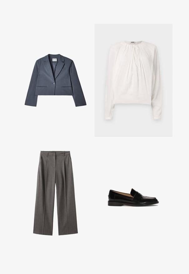 Skåret grå blazer lavet af glat stof, der har to forlommer, en enkelt knaplukning og en notched revers. Foring synlig indvendigt.; Hvid langærmet bluse med rund halsudskæring og plisseret front. Blødt, glat stof med afslappet pasform og knapdetalje ved kraven.; Grå brede bukser med en skråstribemønster, der har høj talje, læg og en glat tekstur. Fremstillet af et let materiale.; Sorte læder loafers med glat finish, afrundet tå og en dekorativ rem over fronten. Lav blokhælsdesign.