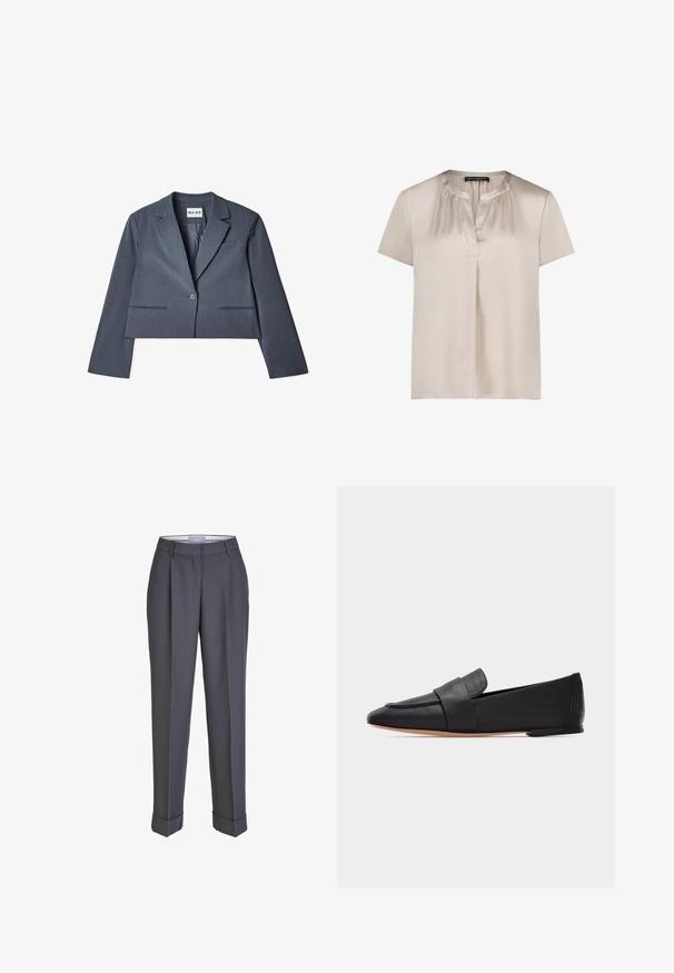 Skåret grå blazer lavet af glat stof, der har to forlommer, en enkelt knaplukning og en notched revers. Foring synlig indvendigt.; Beige, kortærmet satinbluse med rynket halsudskæring, V-udskæring foran og løs pasform, mærket "Betty Barclay" på kraveetiketten.; Mørkegrå skræddersyede bukser med lige ben, plisseret for og opsmøgte manchetter. Lavet af glat stof med en klassisk talje.; Sort læderflad loafer med spids tå, bred rem over fronten og lys brun sål, vist i profil på hvid baggrund.
