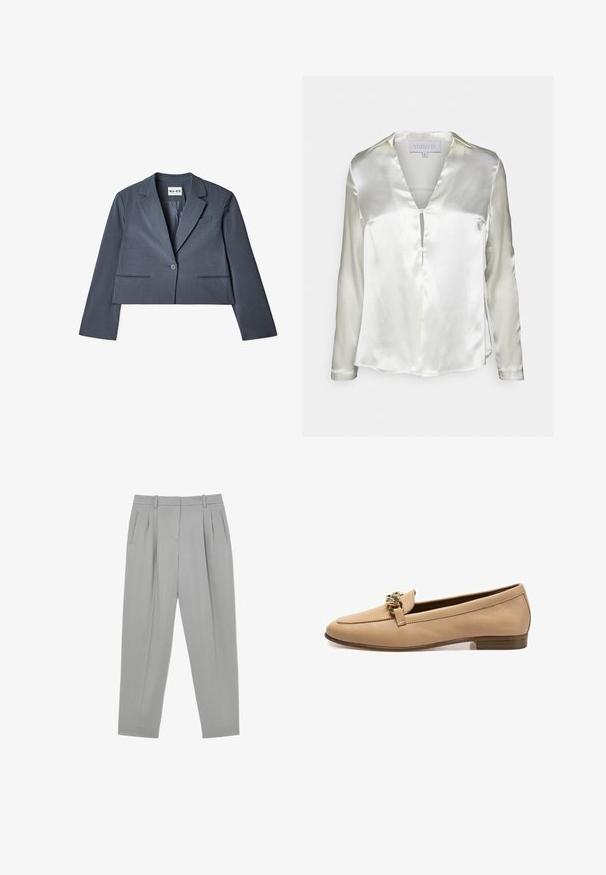 Skåret grå blazer lavet af glat stof, der har to forlommer, en enkelt knaplukning og en notched revers. Foring synlig indvendigt.; STUDIO ID ALYSSA - Bluse - champagne; Lysegrå formelle bukser med frontplisser, sidelommer, bæltestropper og en tilspidset benform.; Beige læder loafers med flad hæl, der har en dekorativ guldkæde hen over fronten. Glat tekstur, minimalistisk design.