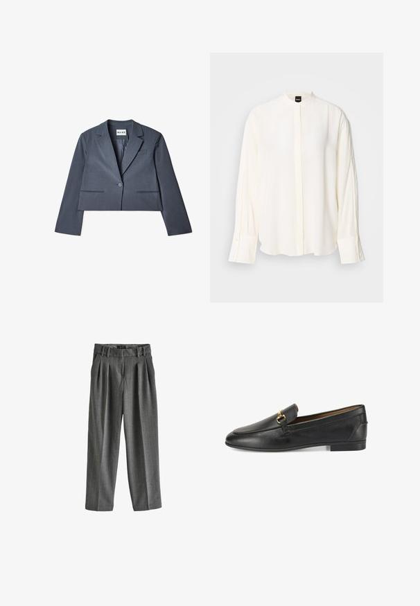 Skåret grå blazer lavet af glat stof, der har to forlommer, en enkelt knaplukning og en notched revers. Foring synlig indvendigt.; Langærmet, cremefarvet bluse lavet af glat stof; mandarin-krave, forflap, knappede ærmekanter og en afslappet pasform.; Grå vidde bukser lavet af et tekstureret stof med diskrete nålestriber. Har en plisseret front og en talje med bæltestropper.; Sort læderloafer med en glat overflade, rund tå og en guldfarvet spænde accenter. Lav stablet hæl og enkle sy detaljer.